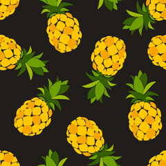 Tropical seamless pattern with yellow pineapples on a brown background. Vector fruit print
