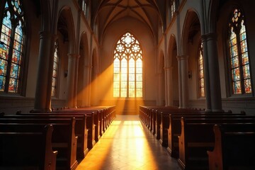 Fototapeta premium A serene church interior, bathed in sunlight streaming through stained-glass windows Tranquil atmosphere, perfect for faith, spirituality, and worship imagery , windows, hope
