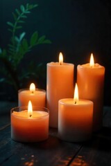 A serene scene of various candles burning, emitting a warm, soft glow, ideal for promoting relaxation and healing  Perfect for wellness, spirituality, and self-care themes ,  ambiance,  orange