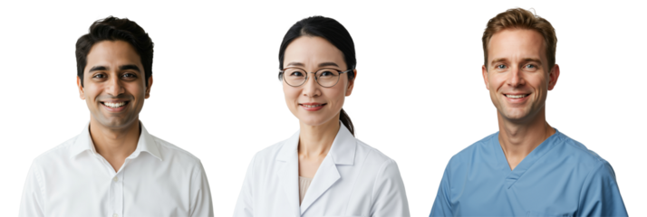 Diverse Group of Healthcare Professionals in Surgical Scrubs and Lab Coats