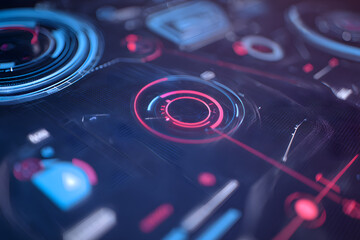 Futuristic HUD interface design showcasing various digital elements and data visualization on an abstract background.