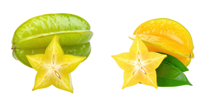 Two Starfruits Displayed A Green One And A Yellow One With A Star Shape Slice on Transparent Background