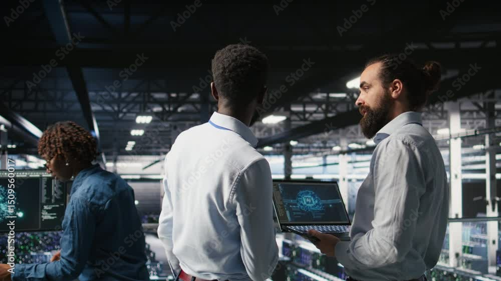Poster server farm coworkers doing infrastructure ai machine learning automatization. data center computer 