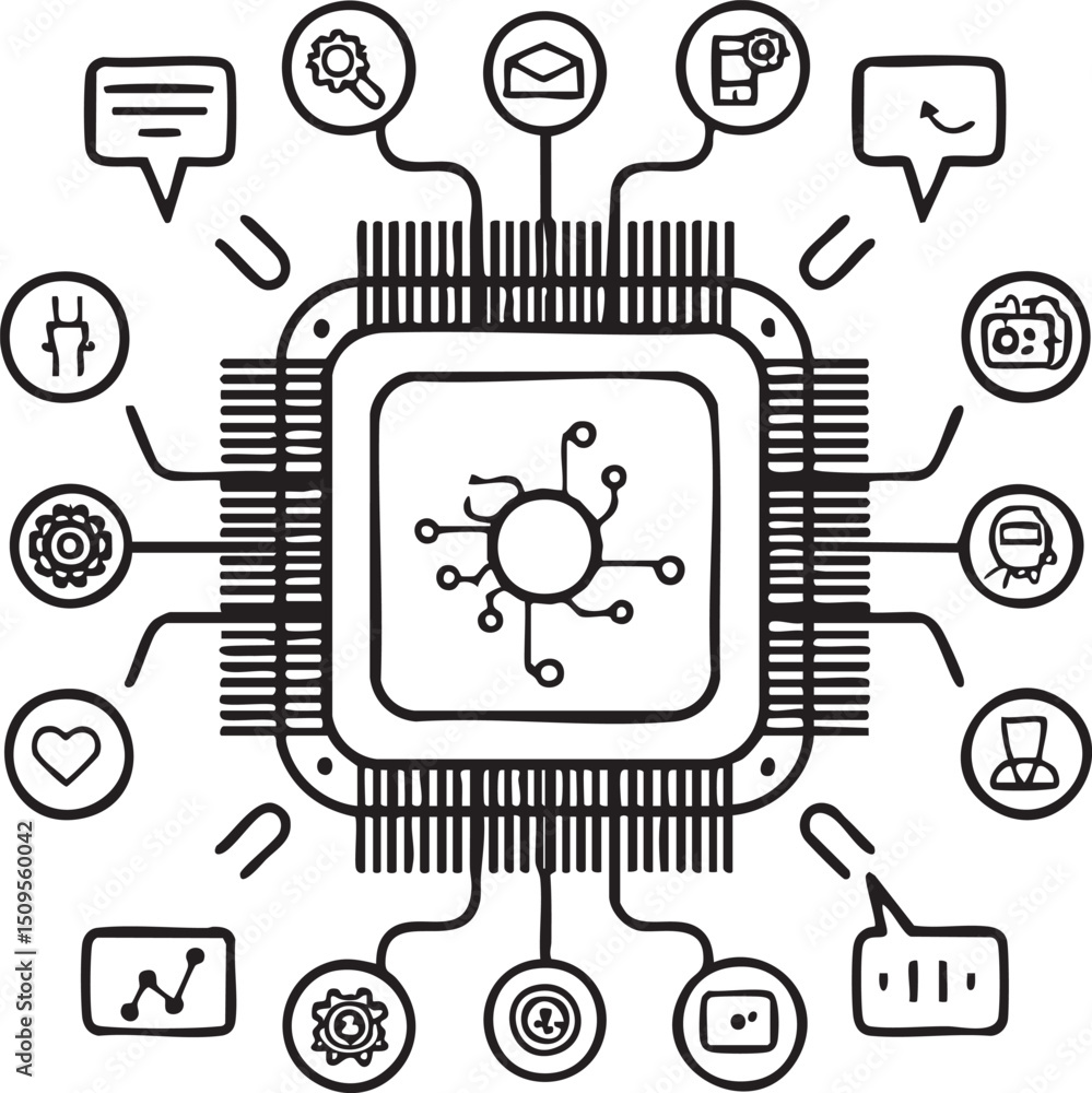 Poster stylized circuit board displays interconnected representing digital communication and technology.