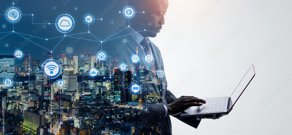 Poster collage of business people using laptops and digital networks. wide angle visual for banners or adve