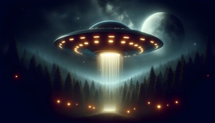 Fototapeta premium Dark forest at night illuminated by mysterious flying saucer with glowing lights hovering under starry sky full moon cinematic sci fi vibe wide banner layout with copy space on right