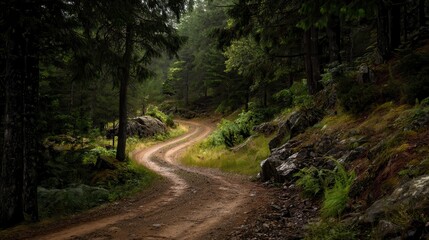 Fototapeta premium Winding Dirt Road Through a Lush Pine Forest