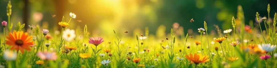 A vibrant summer meadow bursting with wildflowers, tall grasses, and buzzing insects, bathed in warm sunlight  Perfect for idyllic family memories and nature-themed projects ,  field,  environment