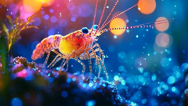 Vibrant shrimp in underwater aquarium with colorful bokeh background