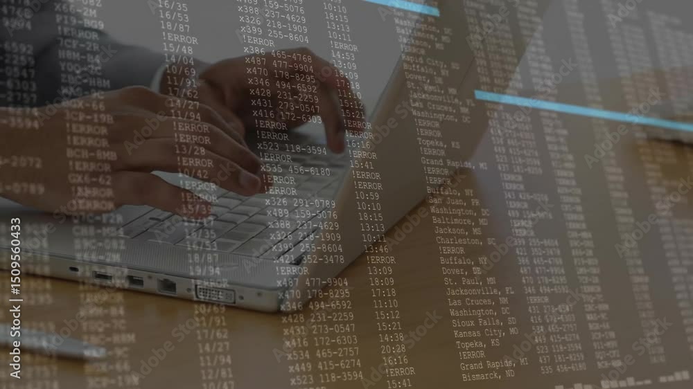Aufkleber programmer hands tapping laptop keys and initiating code overlay visualizing data in tech office