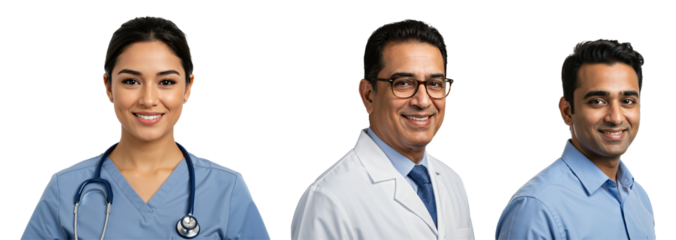 Medical Professionals Group Portrait Featuring Diverse Healthcare Workers in Scrubs and Lab Coats