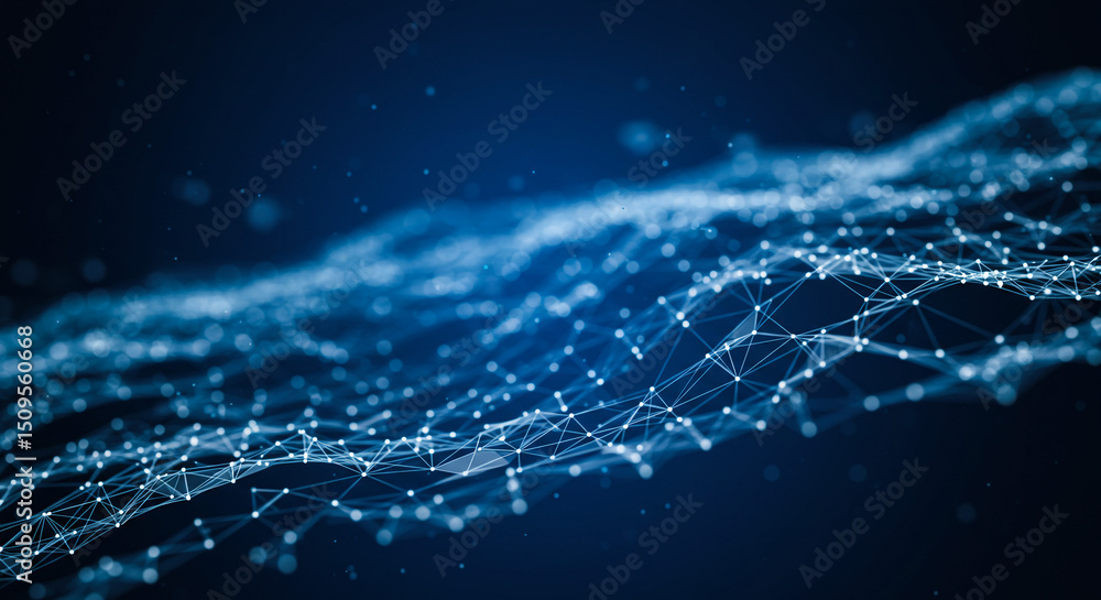 Aufkleber abstract network of white dots connected by lines on a dark blue background in a wavy pattern