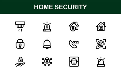 Home Security Icon Set Featuring Surveillance, Alarm, Lock, Camera, and Monitoring Concepts in a Clean, Professional, SEO-Optimized Vector Style