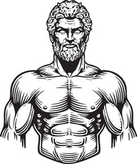 Fototapeta premium muscular man with a full beard stares intensely forward.