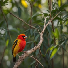 Obraz premium Colorful red, green, and yellow tropical macaw parrot, a beautiful avian with a strong beak, perches on a branch in wild nature