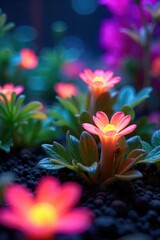 Fototapeta premium Close-up of bioluminescent flora thriving in a futuristic, technologically enhanced environment Glowing plants, advanced hydroponics, artificial light, vibrant colors , laboratory, leaf