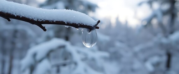snow covered branch with a drop of water hanging from it