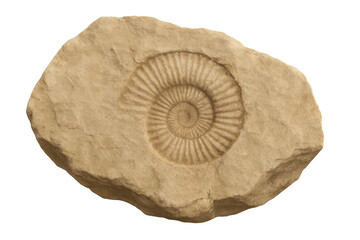 Close-up of ammonite fossil preserved in sedimentary rock, showcasing intricate details and transparent background