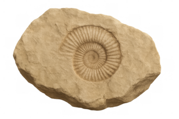 Close-up of ammonite fossil preserved in sedimentary rock, showcasing intricate details and transparent background