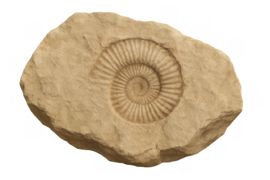 Close-up of ammonite fossil preserved in sedimentary rock, showcasing intricate details and transparent background