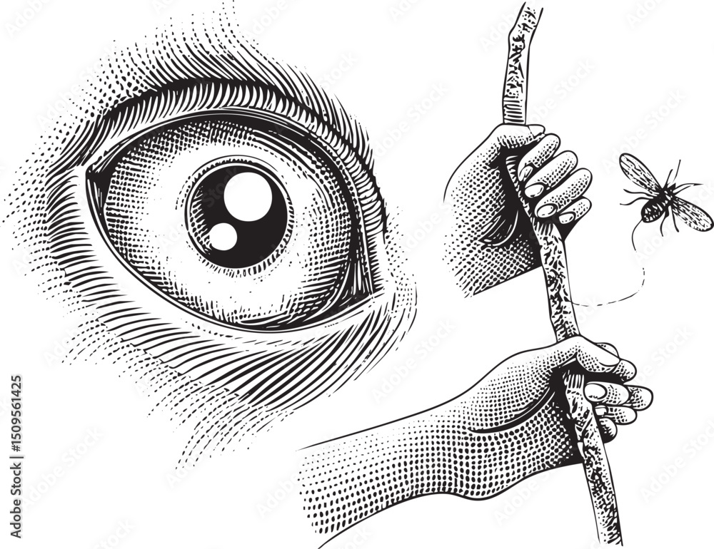 Poster hand delicately holds a twig while an eye intensely observes a hovering insect.