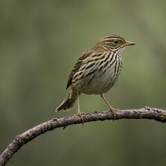 A small brown female house sparrow, a wild songbird with a visible beak and feathers, is sitting on a branch in nature