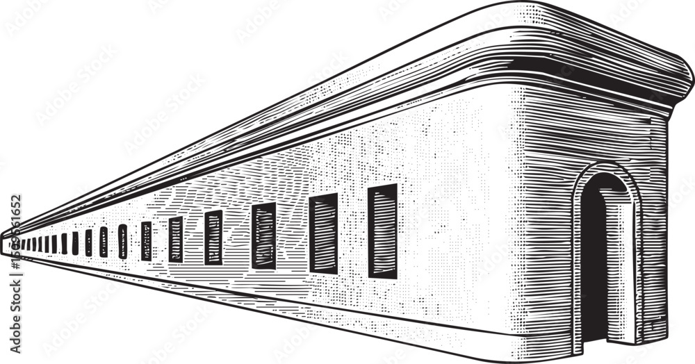 Poster long arched building with multiple windows stretches into the distance.