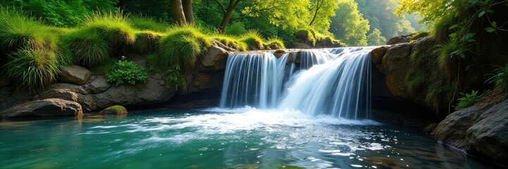 Fototapeta premium Crystal clear water cascading down a verdant hillside, sunlight illuminating the refreshing flow Perfect for nature, travel, and environmental themes , mossy, flowing water