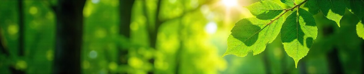 Lush green foliage, vibrant leaves, sunlight filtering through trees, creating a serene natural scene Perfect for nature, spring, summer, environmental themes , spring, wilderness, backdrop