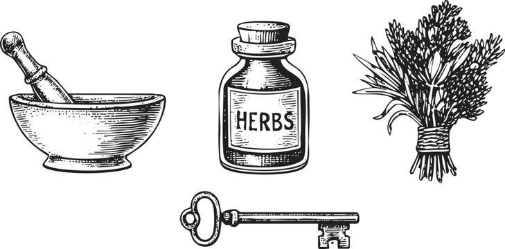 vintage mortar and pestle rests beside a bottle of herbs and a key.