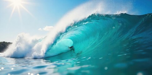 Epic ocean wave curling, sunlit water spray, vibrant blue sea, exhilarating watersport action ,  powerful,  extreme