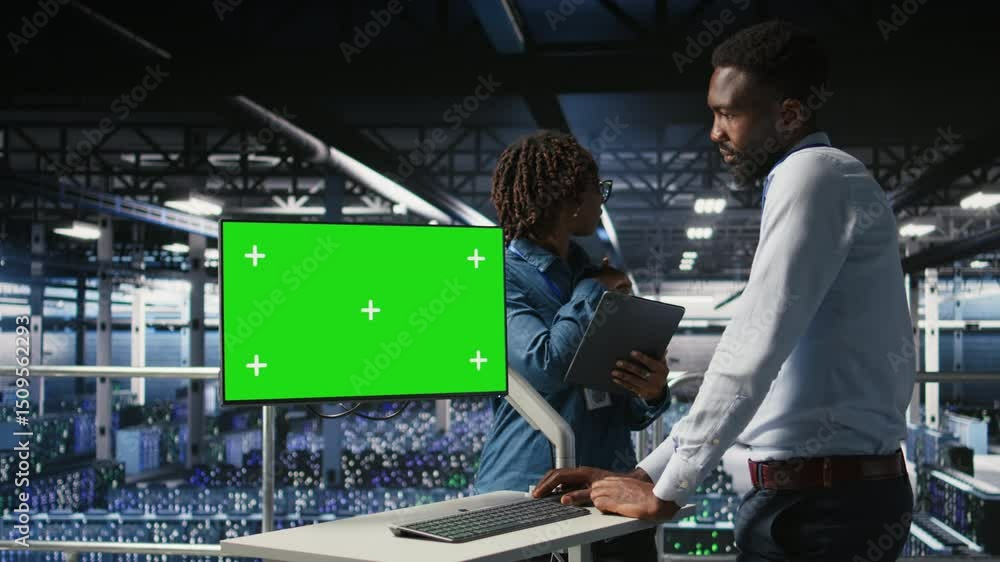 Poster data center engineering team coding on green screen pc, monitoring ai systems. server hub it coworke