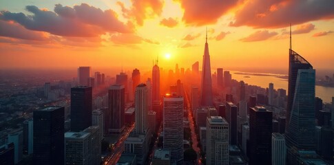 Fototapeta premium Golden hour sunlight bathes a cityscape in warm hues as the sun rises, casting long shadows and illuminating skyscrapers A breathtaking view of urban awakening , pink, dawn, architecture