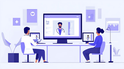 Medical professionals engaging in a telehealth consultation using computer screens.