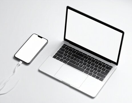 Minimalist workspace featuring a laptop and smartphone connected by a charging cable on white