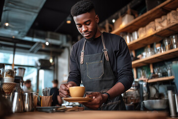 Young barista skillfully preparing a steaming cup of coffee for a customer in a stylish, modern cafe, creating a welcoming atmosphere
