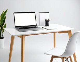 Minimalist workspace featuring a laptop plant and stationery on a white desk with a modern chair