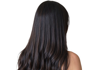 Long, wavy, dark brown hair.