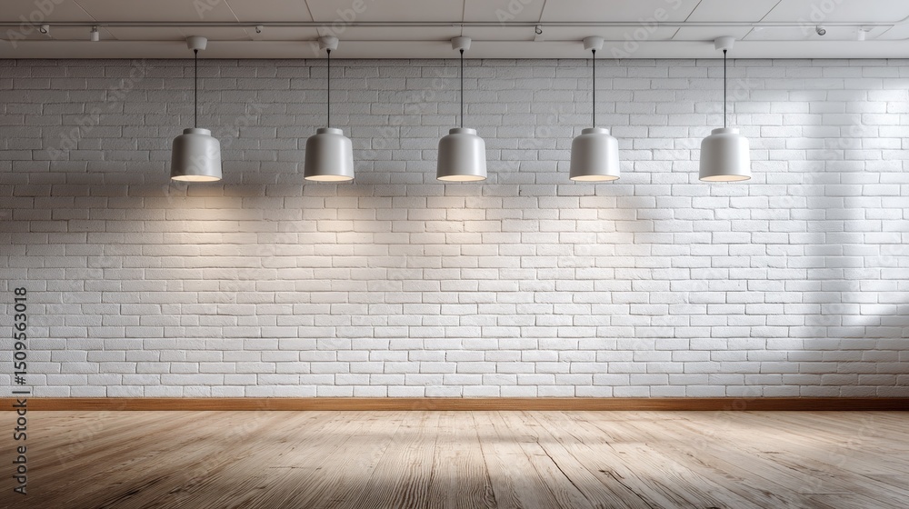 Poster the bright white brick wall is enhanced by stylish overhead lights, creating an inviting atmosphere 