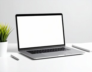 Fototapeta premium Minimalist workspace featuring a laptop with a blank screen pen plant and notebook on a white desk