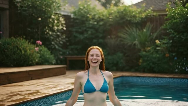 Woman splashing in swimming pool outdoors