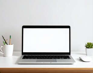 Minimalist workspace featuring a laptop with a blank screen succulent and writing utensils