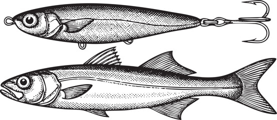 silver fish with a fishing lure is depicted in black and white.