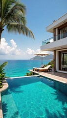 Fototapeta premium Luxury holiday villa with private pool and stunning ocean views Enjoy breathtaking sunsets and ultimate relaxation in this idyllic escape , vacation, paradise