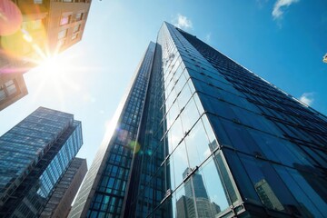 Fototapeta premium Modern glass skyscraper office building, iconic city landmark, reflecting sunlight, urban architecture, corporate headquarters, business district , concrete, structure