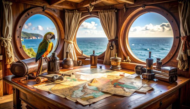Interior of a pirate captain&rsquo;s cabin, filled with maps, weapons, rum bottles, a parrot on a perch, and the open sea visible through round windows
