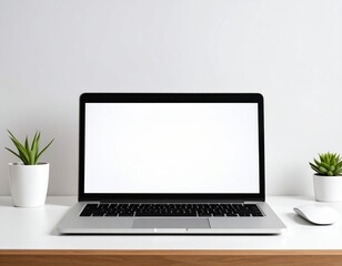 Fototapeta premium Minimalist workspace featuring laptop mouse and potted plants against a white background