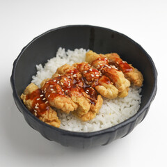 Rice bowl with chicken katsu and topped with sauce and sesame seeds
