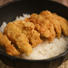 Rice bowl with chicken katsu and topped with sauce and sesame seeds