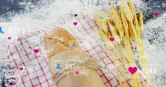 On start engagement icons materializing around loaf popping in counts and vanishing showing growth